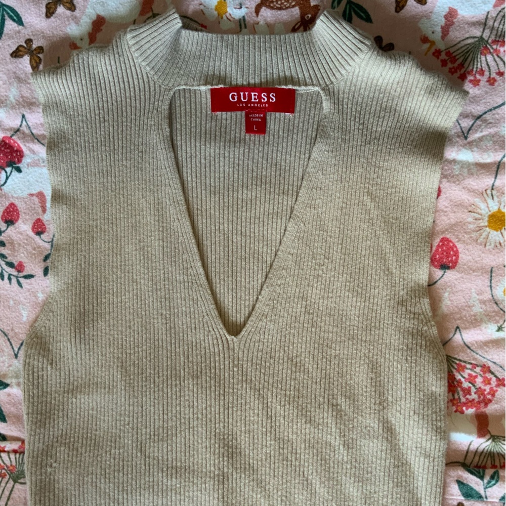 tan guess mock sweater tank with cut out on chest